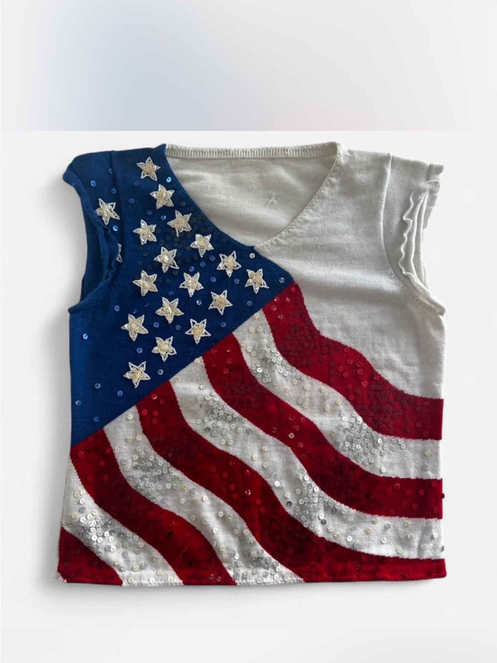 Vintage Sequin Knit American Flag Tank Top Cap sleeve 4th of July party